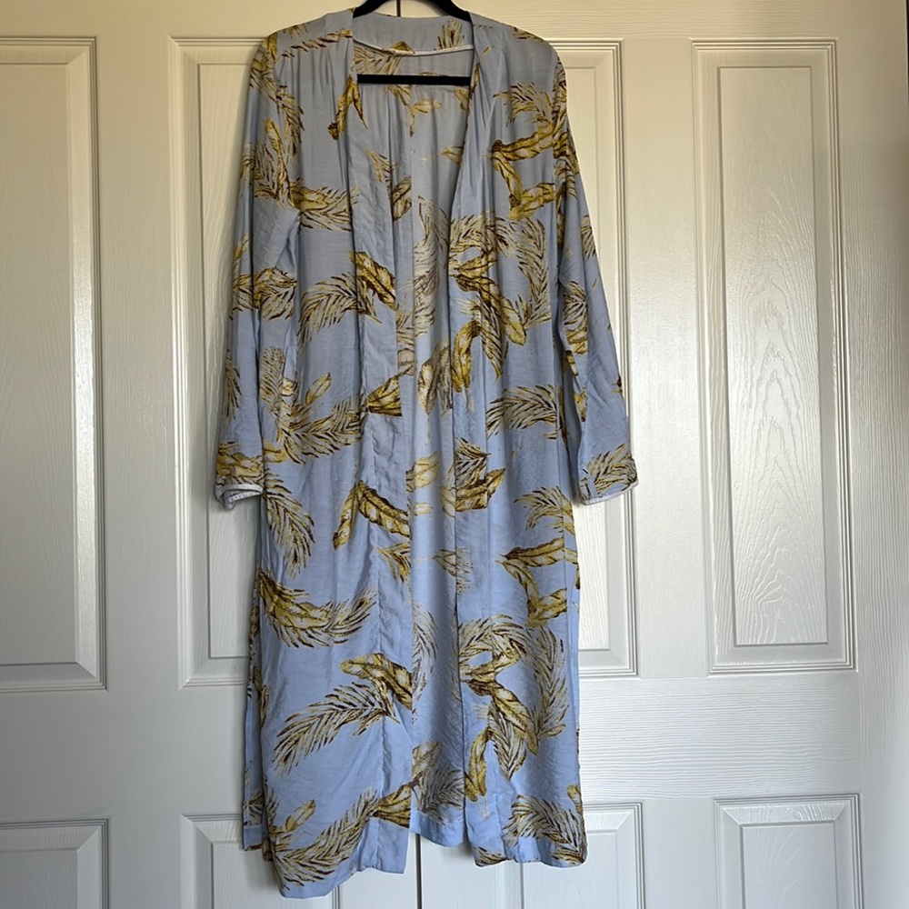 Love Culture blue and yellow tropical print Kimono boho Beachy resort size L